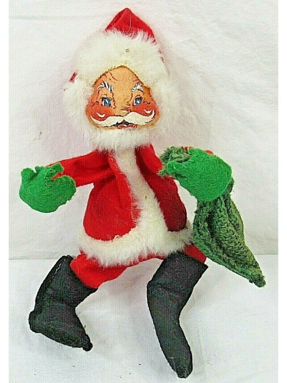 Vintage Annalee Mobilitee Santa Claus Doll W/ Green Bag Fabric 1950s missing tag